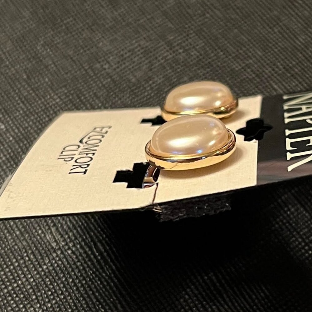 Napier TJG Golden Tone Faux Pearl Clip-on Earrings - Picture 7 of 9